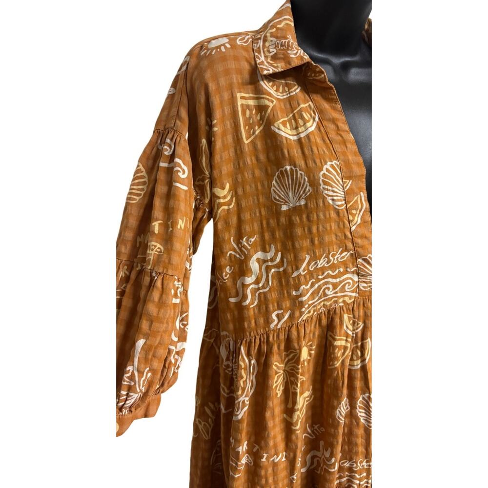 Anthropologie Dress Small Brown Lobster Martini Tier Midi V Shift 3/4 Boho EUC - Picture 5 of 11